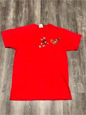 Vintage Disney Store Mens small Mickey Mouse Goofy Red Pocket T Shirt